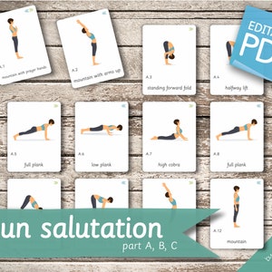 SUN SALUTATION Yoga Poses (part A, B, C) • 42 Editable Montessori Cards • Flash Cards  Nomenclature Cards Pdf Printable yoga poses preschool