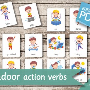 INDOOR ACTION VERBS 20 Editable Montessori Cards Flash Cards Nomenclature FlashCards Editable Pdf Printable Cards preschool image 8