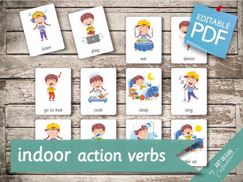 INDOOR ACTION VERBS 20 Editable Montessori Cards Flash Cards Nomenclature FlashCards Editable Pdf Printable Cards preschool image 8