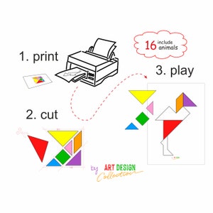 Tangram-dierenkaarten, Montessori-leerspel, tangram-puzzel speelgoed afdrukken Download dieren tangram Montessori pdf-afdrukbaar leren voorschoolse