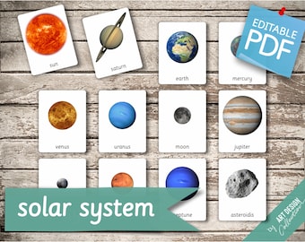 SISTEMA SOLARE • 13 carte Montessori modificabili • Schede Flash Nomenclatura Schede Flash Schede PDF stampabili Giocattoli prescolari