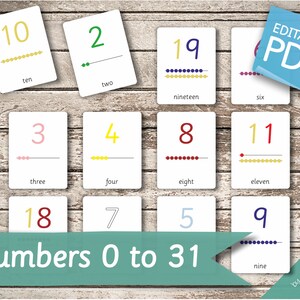 NUMBERS 0 to 31 • 32 Editable Montessori Cards • Flash Cards Nomenclature FlashCards Editable Pdf Printable Cards preschool