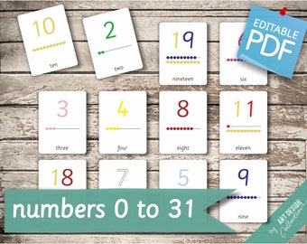 NUMBERS 0 to 31 • 32 Editable Montessori Cards • Flash Cards Nomenclature FlashCards Editable Pdf Printable Cards preschool