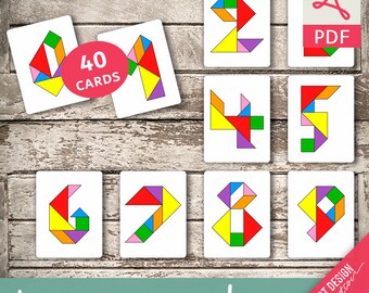 TANGRAM NUMBERS • 40 Montessori Cards • Flash Cards Nomenclature FlashCards Pdf Printable Cards preschool