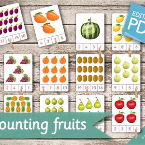 COMPTER LES FRUITS (1 à 20) • 20 cartes Montessori modifiables • Cartes flash Cartes de nomenclature PDF imprimables pour enfants d'âge préscolaire Cartes à clip imprimables Oiseaux