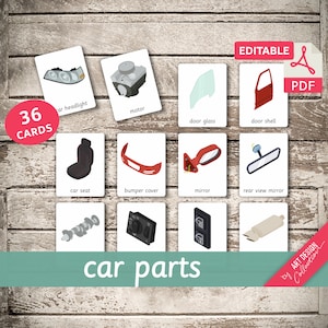 CAR PARTS • 36 Montessori Cards • Large size A1 Flash Cards  Nomenclature FlashCards  Editable Pdf Printable Cards preschool