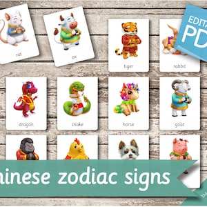 CHINESISCHE STERNZEICHEN • 60 Editierbare Montessori Karten • Nomenklatur Karten Astrologisches Zeichen Pdf Druckbare Karten Vorschulspielzeug