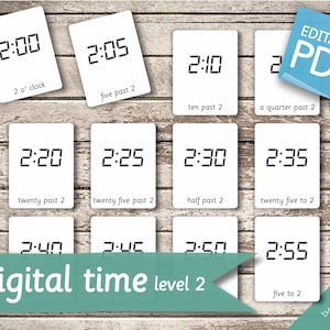 DIGITAL TIME (level 2) • 144 Editable Montessori Cards • Time Flash Cards  Nomenclature Cards  Editable PDF Printable Clock Cards preschool