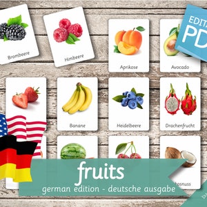 FRUITS GERMAN Edition (real pictures) • 50 German and 50 English Editable Montessori Cards • Flash Cards Nomenclature Cards Pdf preschool
