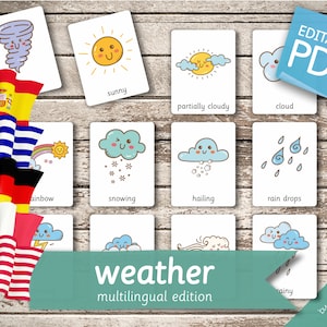 WEATHER MULTILINGUAL Edition • 26 English, French, German, Greek, and Spanish Editable Montessori Cards • Nomenclature FlashCards preschool