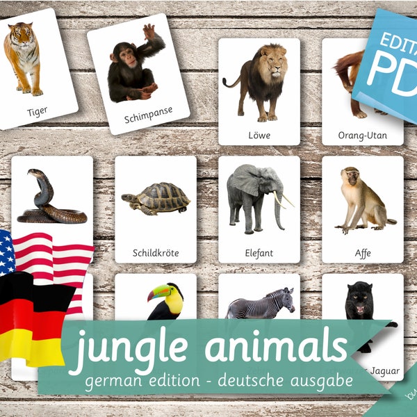 JUNGLE ANIMALS GERMAN Edition • 22 German and 22 English Editable Montessori Cards • Flash Cards Nomenclature Cards preschool Pdf Printable