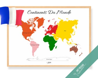 CONTINENTS of the WORLD POSTER French Edition • Montessori Poster • Educational Homeschooling Learning Kids Nursery Room Toys preschool