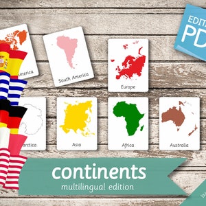 CONTINENTS of the WORLD MULTILINGUAL Edition • 8+8+8 English, French, German, Greek, and Spanish Editable Montessori Cards • preschool Toys