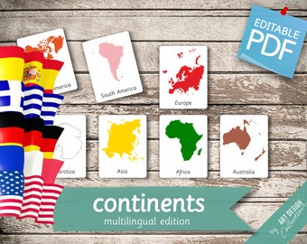 CONTINENTS of the WORLD MULTILINGUAL Edition • 8+8+8 English, French, German, Greek, and Spanish Editable Montessori Cards • preschool Toys