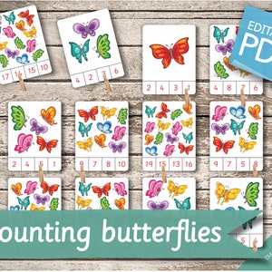 ZÄHLEN DER SCHMETTERLINGE (1 bis 20) • 20 editierbare Montessori Karten • Karteikarten Nomenklatur Karteikarten Vorschule Pdf Printable Clip Karten Mathe