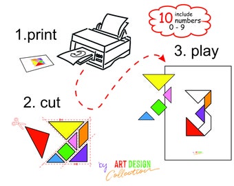 Tangram Number Cards, Montessori Learning Game, Tangram Puzzle Toy Print Download Number Tangram Montessori Pdf Printable Learning preschool