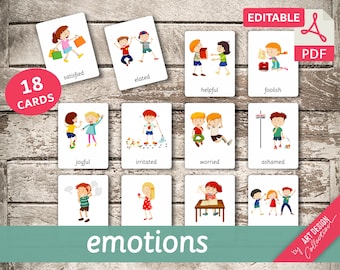 EMOTIONS • 18 Montessori Cards • Flash Cards  Nomenclature FlashCards  Editable PDF Printable Cards Montessori Toys preschool