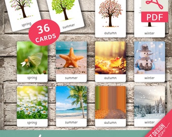 4 STAGIONI • 36 carte Montessori modificabili • Carte flash Carte nomenclatura Giocattoli modificabili Carte prescolari Pdf Primavera Estate Autunno Inverno