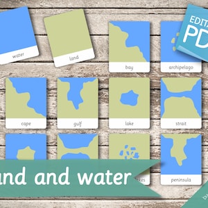 LAND UND WASSER • 12 Editierbare Montessori Karten • Karteikarten Nomenklatur Karteikarten Editierbare Pdf Druckbare Karten Montessori Spielzeug Vorschule
