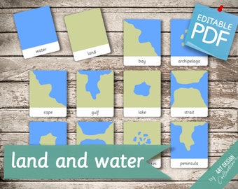 LAND AND WATER • 12 Editable Montessori Cards • Flash Cards  Nomenclature FlashCards  Editable Pdf Printable Cards Montessori Toys preschool
