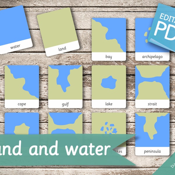 LAND AND WATER • 12 Editable Montessori Cards • Flash Cards  Nomenclature FlashCards  Editable Pdf Printable Cards Montessori Toys preschool