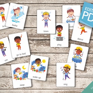INDOOR ACTION VERBS 20 Editable Montessori Cards Flash Cards Nomenclature FlashCards Editable Pdf Printable Cards preschool image 6