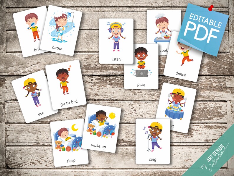 INDOOR ACTION VERBS 20 Editable Montessori Cards Flash Cards Nomenclature FlashCards Editable Pdf Printable Cards preschool image 5