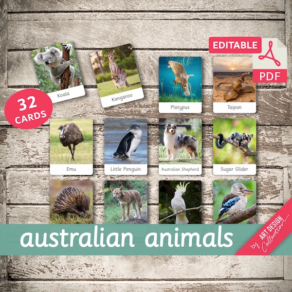 AUSTRALIAN ANIMALS • 32 Editable Montessori Cards • Flash Cards  Nomenclature FlashCards PDF Printable Cards preschool Toys