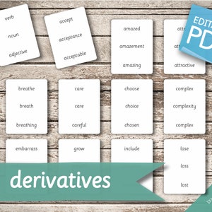 DÉRIVÉS Verbes, noms et adjectifs • 118 cartes Montessori • Flash Cards Cartes de nomenclature PDF modifiable Pdf Cartes imprimables préscolaire