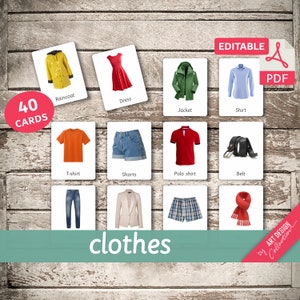 KLEDING echte foto's 40 bewerkbare Montessori-kaarten Flash-kaarten Nomenclatuur FlashCards Pdf afdrukbare kaarten Montessori-speelgoed kleuterschool afbeelding 1