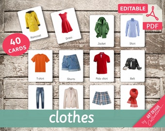 ABBIGLIAMENTO (immagini reali) • 40 carte Montessori modificabili • Schede flash Nomenclatura Schede flash stampabili Pdf Giocattoli Montessori prescolare