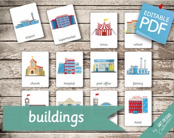 BUILDINGS • 24 Montessori Cards • Flash Cards  Nomenclature FlashCards  Editable Pdf Printable Cards preschool