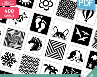 400 BABY SENSORY CARDS • Montessori Cards • High contrast sensory cards Black & White Shapes for Babies Pdf Printable Cards preschool toys