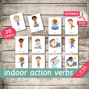 INDOOR ACTION VERBS 20 Editable Montessori Cards Flash Cards Nomenclature FlashCards Editable Pdf Printable Cards preschool image 1