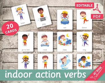 INDOOR ACTION VERBS • 20 Editable Montessori Cards • Flash Cards  Nomenclature FlashCards  Editable Pdf Printable Cards preschool