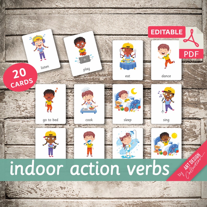 INDOOR ACTION VERBS 20 Editable Montessori Cards Flash Cards Nomenclature FlashCards Editable Pdf Printable Cards preschool image 1