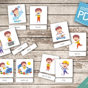 INDOOR ACTION VERBS 20 Editable Montessori Cards Flash Cards Nomenclature FlashCards Editable Pdf Printable Cards preschool image 4