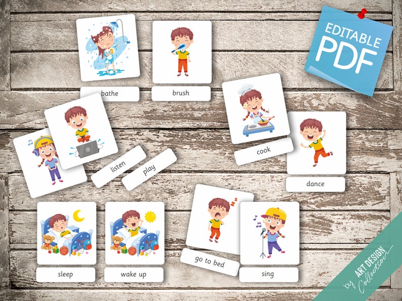 INDOOR ACTION VERBS 20 Editable Montessori Cards Flash Cards Nomenclature FlashCards Editable Pdf Printable Cards preschool image 4