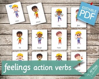 FEELINGS ACTION VERBS • 14 Editable Montessori Cards • Flash Cards  Nomenclature FlashCards  Editable Pdf Printable Cards preschool