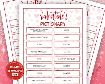 PICTIONNAIRE DE LA SAINT-VALENTIN Jeu • Jeu de l'amour Fêtes de Noël Fêtes de Noël Jeux des Fêtes Jeu de bingo de Noël Jeux à imprimer pour la Saint-Valentin Jeu de charades