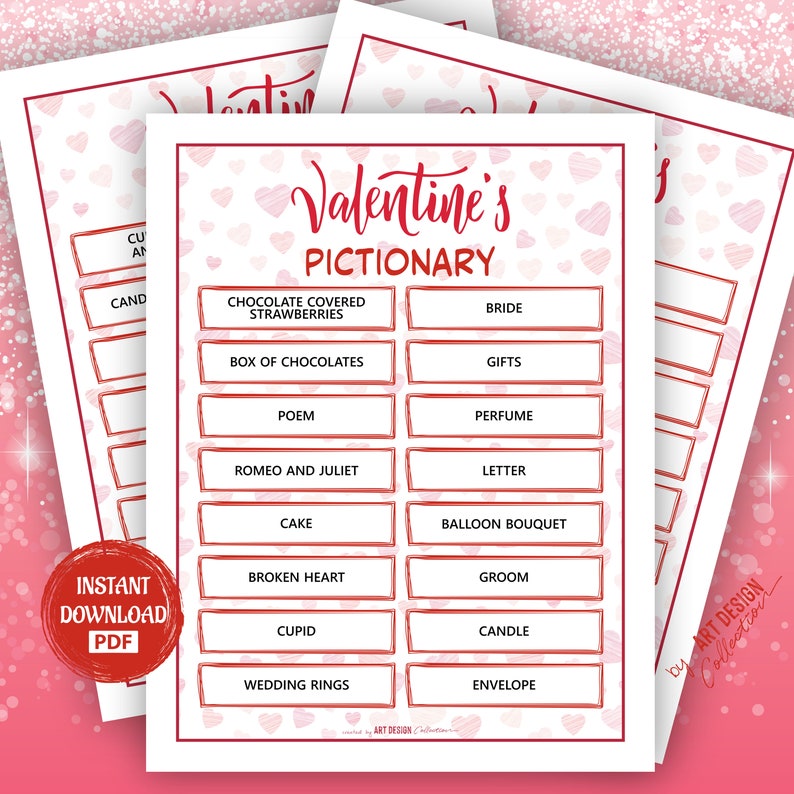 VALENTINE'S PICTIONARY Game • Love Game Holiday Christmas Party Holiday games Xmas bingo game Valentine Day Printable Games Charades Game