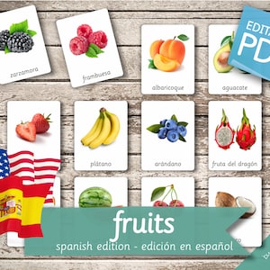 FRUITS SPANISH Edition (real pictures) • 50 Spanish and 50 English Editable Montessori Cards • Flash Cards Nomenclature Cards Pdf preschool