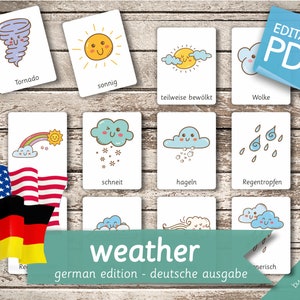 WETTER DEUTSCHE Ausgabe • 26 deutsche und 26 englische editierbare Montessori-Karten • Lernkarten Nomenklatur Lernkarten Vorschule PDF Druckbar