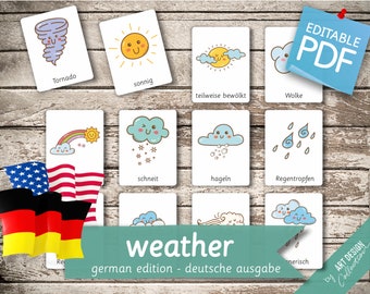 WEATHER  GERMAN Edition • 26 German and 26 English Editable Montessori Cards • Flash Cards Nomenclature FlashCards preschool Pdf Printable