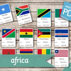 AFRICA FLAGS • 54 Montessori Cards • Flash Cards  Nomenclature FlashCards Pdf Printable Cards preschool