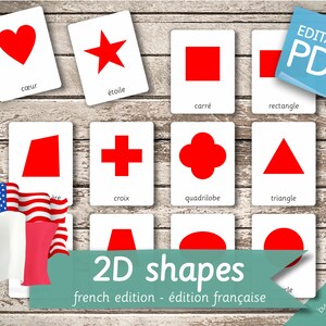FORMES GÉOMÉTRIQUES 2D édition FRANÇAISE • Cartes Montessori 32+32 en français et 32+32 en anglais • Nomenclature Flash PDF imprimable pour le préscolaire