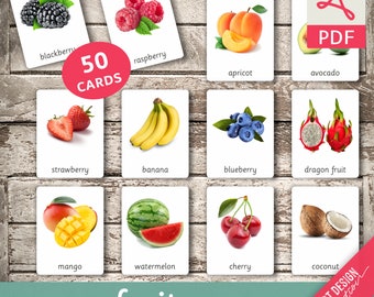 FRUITS (real pictures) • 50 Editable Montessori Cards • Flash Cards  Nomenclature FlashCards Pdf Printable Cards Montessori Toys preschool