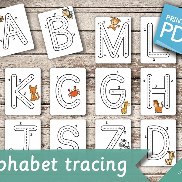 ALPHABET TRACING • 52 Printable Montessori Cards • Alphabet Flash Cards Pdf Printable Cards Montessori Toys preschool A-Z a-z