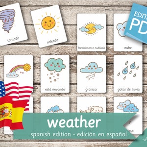 WEATHER SPANISH Edition • 26 Spanish and 26 English Editable Montessori Cards • Flash Cards Nomenclature FlashCards preschool Pdf Printable