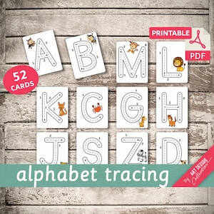 TRAZADO DEL ALFABETO • 52 tarjetas Montessori imprimibles • Tarjetas didácticas del alfabeto en PDF Tarjetas imprimibles Juguetes Montessori preescolar A-Z a-z